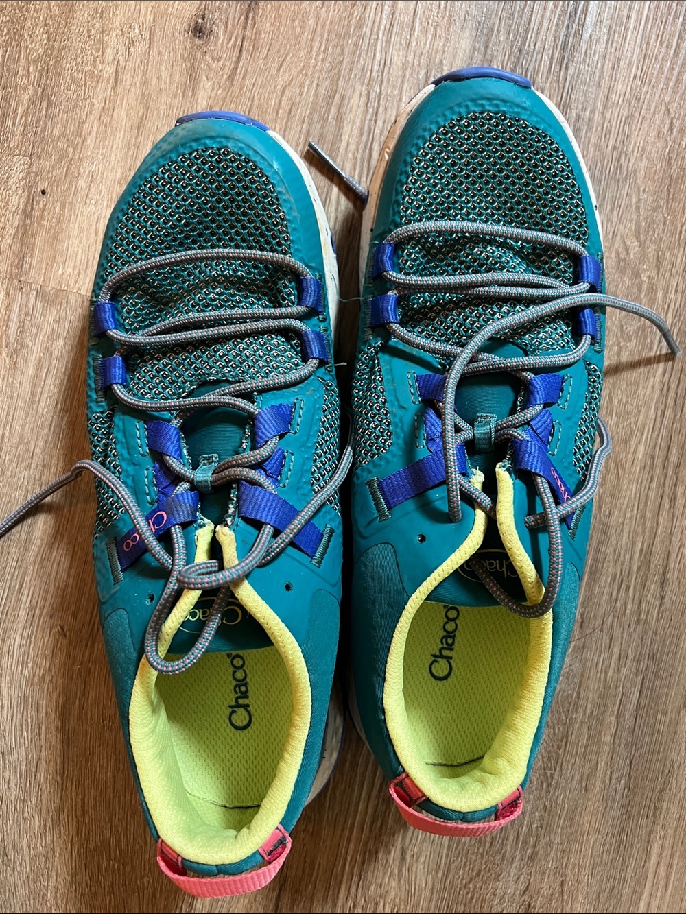 Chaco Water Shoes Teal, Blue and Neon Yellow